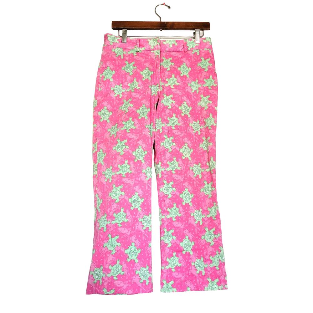 Vtg Lilly Pulitzer Turtle Print Cropped Pants Womens 8 Pink Green Beach Coastal